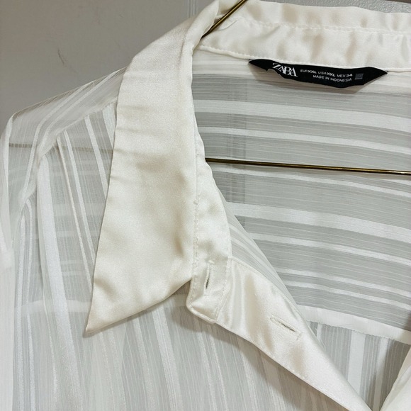 Zara Women Blouse XXL White Sheer Satin Trim Button Down Lightweight Oversized - Picture 5 of 16